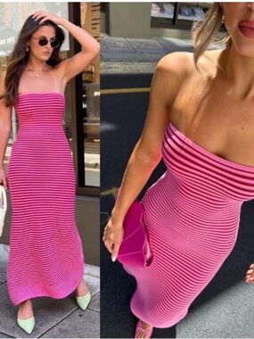 The Wolf Gang Strapless Pink Striped Maxi Dress